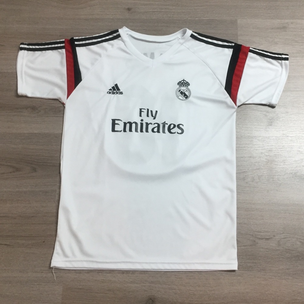 Real Madrid Soccer Jersey-Fly Emirates- James 10-white, red, and black
